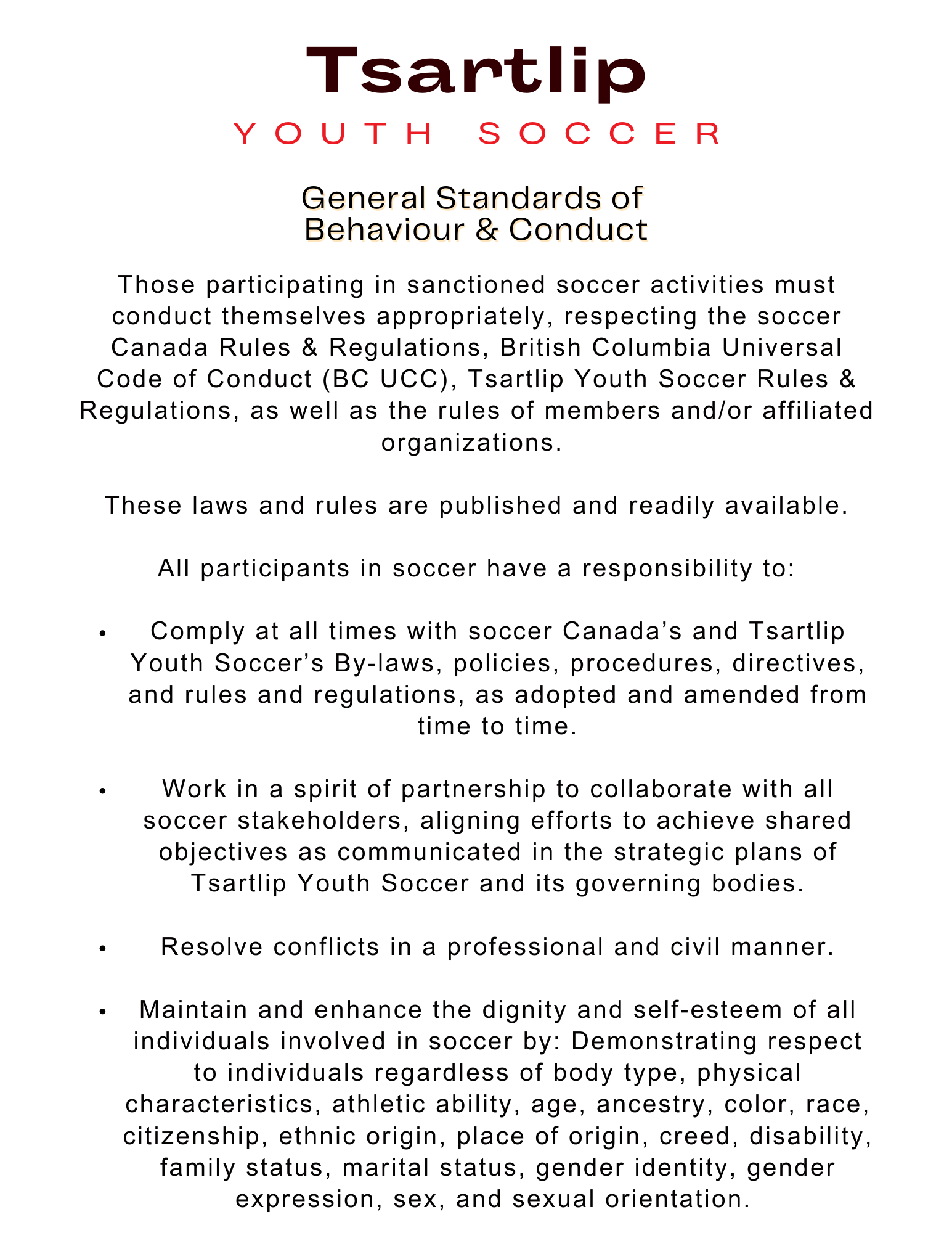 Tsartlip Youth Soccer General Code of Conduct