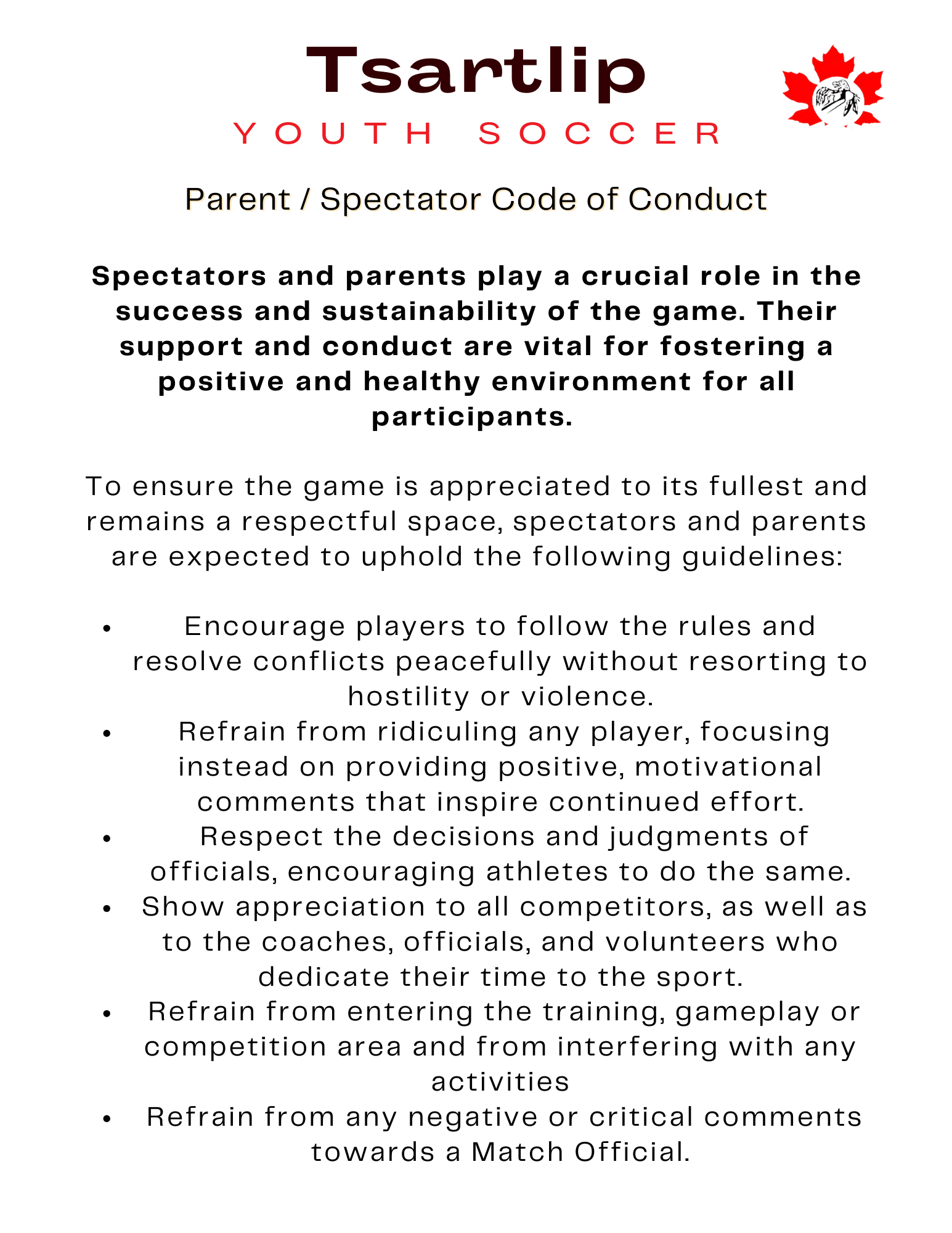 Tsartlip Youth Soccer Parent Code Of Conduct