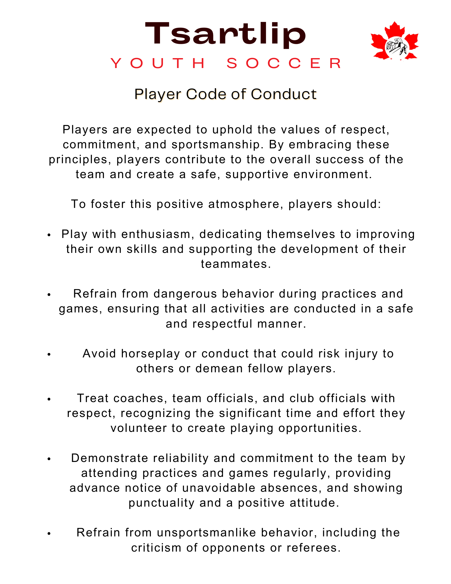 Tsartlip youth Soccer Player Code of Conduct